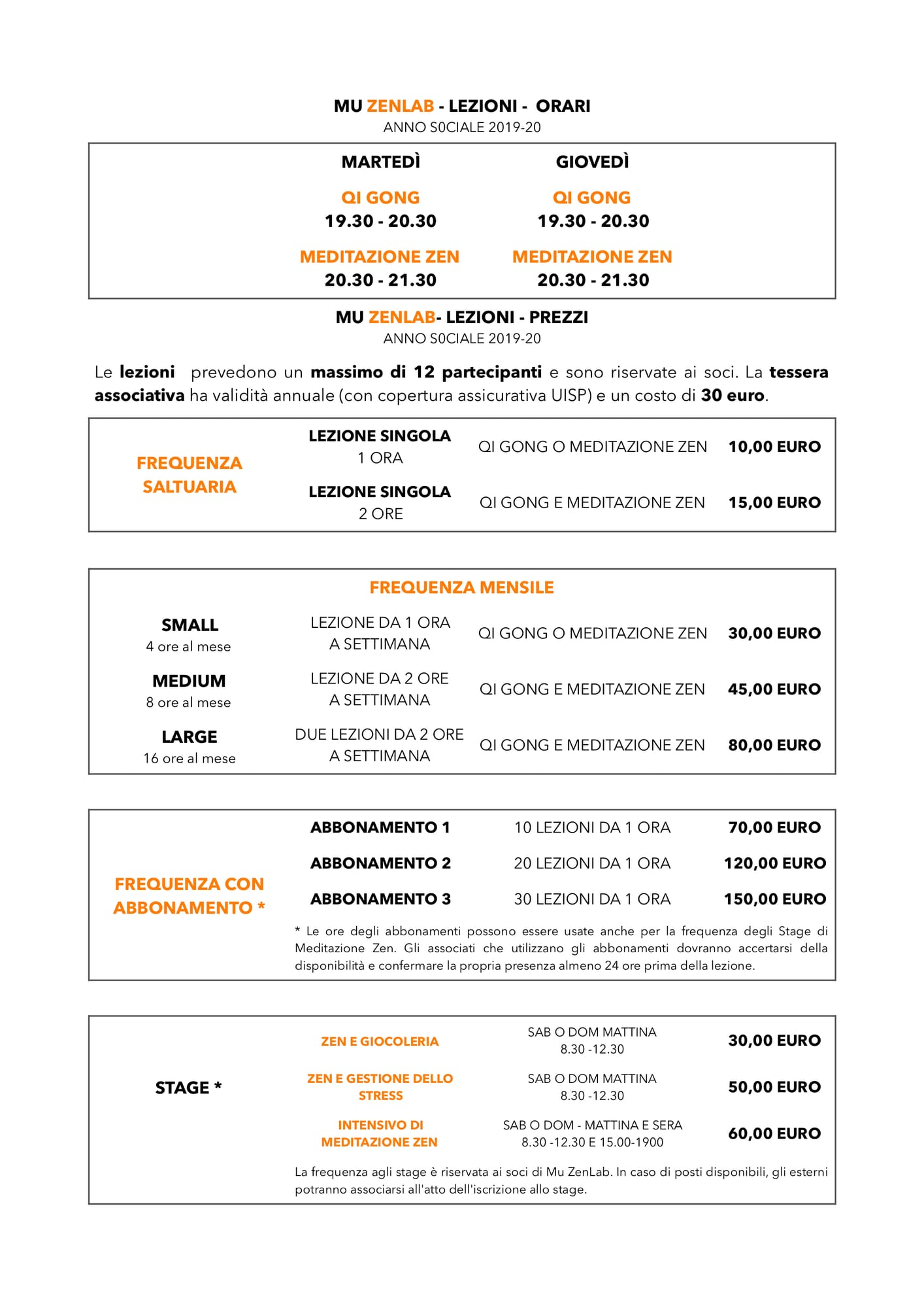 Locandina Mu ZenLab 2019 con lezioni, orari e prezzi dei corsi